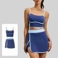 Women's whale blue linear sports set featuring athletic crop top and mini skort - S / Top And Bottom / Whale Blue
