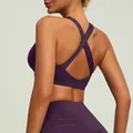 Elegant purple cross-back sports bra made of nude-feel nylon fabric with high elasticity - S / Tops / Dark Plum Purple