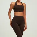 Two-piece chocolate brown yoga set with a sports bra and high-waisted leggings - S / Top And Bottom / Coffee