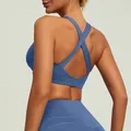 Blue cross-back sports yoga bra with high elasticity and comfortable nude feel finish - S / Tops / Denim Blue