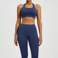 Professionele marineblauwe yogaset voor dames inclusief sportbeha en legging met hoge taille - Donkerblauw