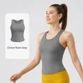 Professional women's sports tank top in sea salt grey, with built-in padded bra design. - S / Tops / Sea Rock Grey