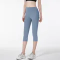 High-waisted yoga capri leggings in grey lake blue for athletic workouts - Gray Lake Blue