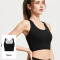 Black ribbed sports bra with criss-cross back design for yoga and fitness training - S / Tops / Black