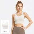 Ribbed cross-back sports bra in apricot with thin straps and fixed chest pads for yoga - S / Tops / Apricot
