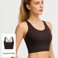 Distilled coffee brown ribbed cross-back sports bra for yoga and fitness training - S / Tops / Dark Brown
