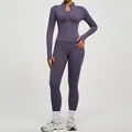 Two-piece high elastic purple yoga sports set with slim fit jacket and leggings - S / Top And Bottom / Eggplant Purple + Eggplant Purple