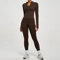 Women's high elastic two-piece yoga set in chocolate brown featuring a slim-fit zip jacket - S / Top And Bottom / Distilled Coffee + Distilled Coffee