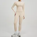 Slim fit high-waist two-piece yoga set featuring long sleeve zip top in beige finish - S / Top And Bottom / Ivory White