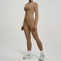 High-elastic two-piece camel yoga set featuring slim fit zip jacket and high-waist leggings - S / Top And Bottom / Cocoa