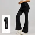 High waisted flared yoga pants with fake two-piece ruched skirt in starlit black - S / Bottoms / Starry Black