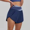 Professional high-waisted color-block yoga shorts in navy and light blue finish - S / Bottoms / Whale Blue