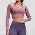 Sporttop met halternek en lange mouwen met vulling, nep-tweeledig yogashirt in stoffig roze - S / Tops / Bessenpaars