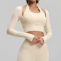 Crèmekleurige halter nek nep tweedelige lange mouw yoga sporttop voor dames fitness - S / Tops / Ivoor