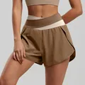 Earthy brown high waisted color block yoga shorts featuring cross over waistband detail - S / Bottoms / Cocoa