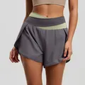 High-waist color-block yoga shorts in dark grey with a stylish green crossover waistband - S / Bottoms / Sea Rock Grey