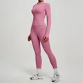 Set fitness yoga due pezzi rosa cipria con leggings a vita alta e giacca aderente - Taglia S / Top E Pantaloni / Rosa Cipria + Rosa Cipria
