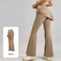 Professional high-waisted ruched flared yoga pants with skirt overlay in cocoa brown - S / Bottoms / Cocoa