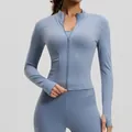 Premium slim fit light blue yoga jacket with front zipper and thumb holes for women - S / Tops / Grayish Blue