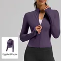 Slim fit sports yoga jacket with full zipper in eggplant purple color - S / Tops / Eggplant Purple