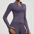 Slim-fit purple sports yoga jacket with zipper and functional thumbholes for fitness - S / Tops / Eggplant Purple