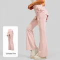 High-waisted flared yoga pants with a ruched skirt overlay in a soft mist pink color - Misty Pink (New)