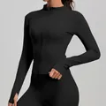Slim fit black athletic yoga jacket with stand-up collar and thumb holes for women's fitness - S / Tops / Starry Black
