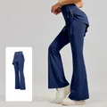 Elegant high-waisted flared yoga pants with ruched skirt layer in whale blue finish - Whale Blue