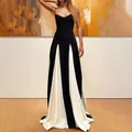 Full view of elegant black and white contrast panel spaghetti strap maxi dress - S / Top And Bottom / Suspender Style / White