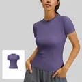 Professional slim fit short sleeve athletic yoga top in deep eggplant purple color - S / Tops / Eggplant Purple