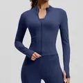 Slim fit navy blue women's yoga jacket with full zip and thumb holes for fitness - S / Tops / Whale Blue