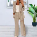 Elegant khaki slim-fit women's blazer and trouser suit set for 2024 autumn winter fashion - S / Top And Bottom / Apricot