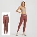 High-waisted caramel yoga leggings featuring tummy control and unique cross-waist design - S / Bottoms / Caramel color