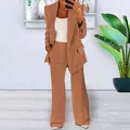 Elegant slim-fit brown women blazer and trousers two-piece suit set for office fashion - S / Top And Bottom / Khaki