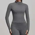 Women's slim-fit dark gray long-sleeved athletic yoga jacket with zipper and thumbholes - S / Tops / Sea Rock Grey