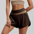 High-waist color-block yoga shorts in dark brown and tan for summer fitness - Distilled Coffee (New)