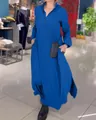 Close-up detail of a loose V-neck solid blue long sleeve maxi dress for autumn wear - S / Top And Bottom / Blue