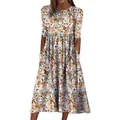 A-line floral print midi dress with short sleeves and functional side pockets for women. - S / White