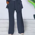 Detailed view of elegant navy blue women's slim fit blazer suit set with wide-leg trousers - 3XL / Bottoms / Navy Blue