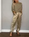 Elegant champagne gold satin two-piece set featuring short sleeve top and cargo pants. - S / Top And Bottom / Gold
