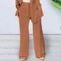 Detailed look at the tailored terracotta blazer and wide-leg trousers women's suit set - S / Bottoms / Khaki