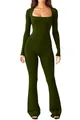 Elegante mono de manga larga en color verde oliva oscuro con cuello cuadrado y pernera ancha - S / Top Y Pantalón / Verde Militar