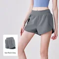 Breathable high-waist women's double-layer sports shorts in Sea Rock Gray with side pocket - S / Bottoms / Sea Rock Grey