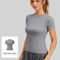 Slim-fit women's short sleeve sports yoga training t-shirt in stylish sea rock gray finish - S / Tops / Sea Rock Grey