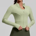 Slim fit sage green full zip yoga jacket with stand collar and thumbholes for fitness - S / Tops / Cardamom Green
