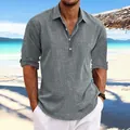 Detailed texture of men's grey casual linen shirt with rolled sleeves on beach - S / Tops / Gray