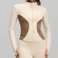 Women's slim fit color-block yoga jacket in beige and brown for running and fitness - S / Tops / Ivory