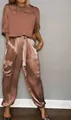 Elegant dusty rose satin two-piece set featuring short-sleeve top and cargo pants - S / Top And Bottom / Coffee