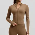 Slim fit long sleeve brown yoga jacket with zipper for fitness and outdoor running - S / Tops / Cocoa