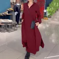 Elegant loose wine red V-neck long sleeve maxi dress for autumn and winter streetwear - S / Top And Bottom / Burgundy